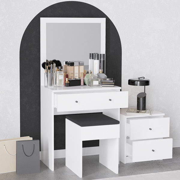 SABRIA Ensemble coiffeuse avec miroir tabouret et table de chevet blanc