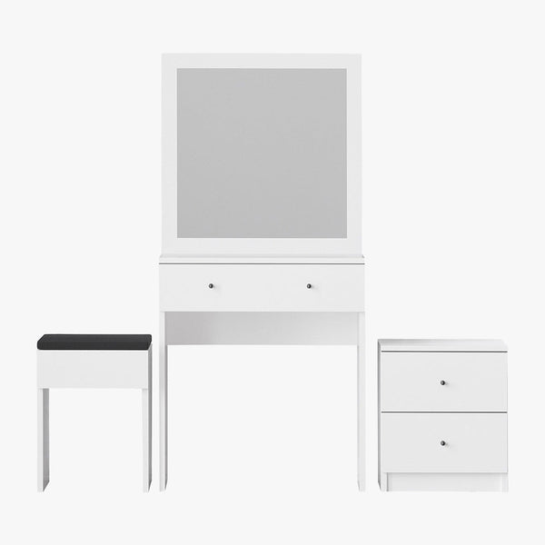 SABRIA Ensemble coiffeuse avec miroir tabouret et table de chevet blanc