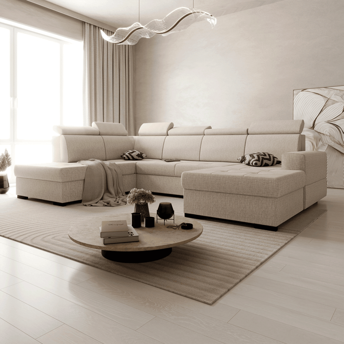 SACHA U Canapé panoramique convertible avec coffre en tissu beige - Angle droit