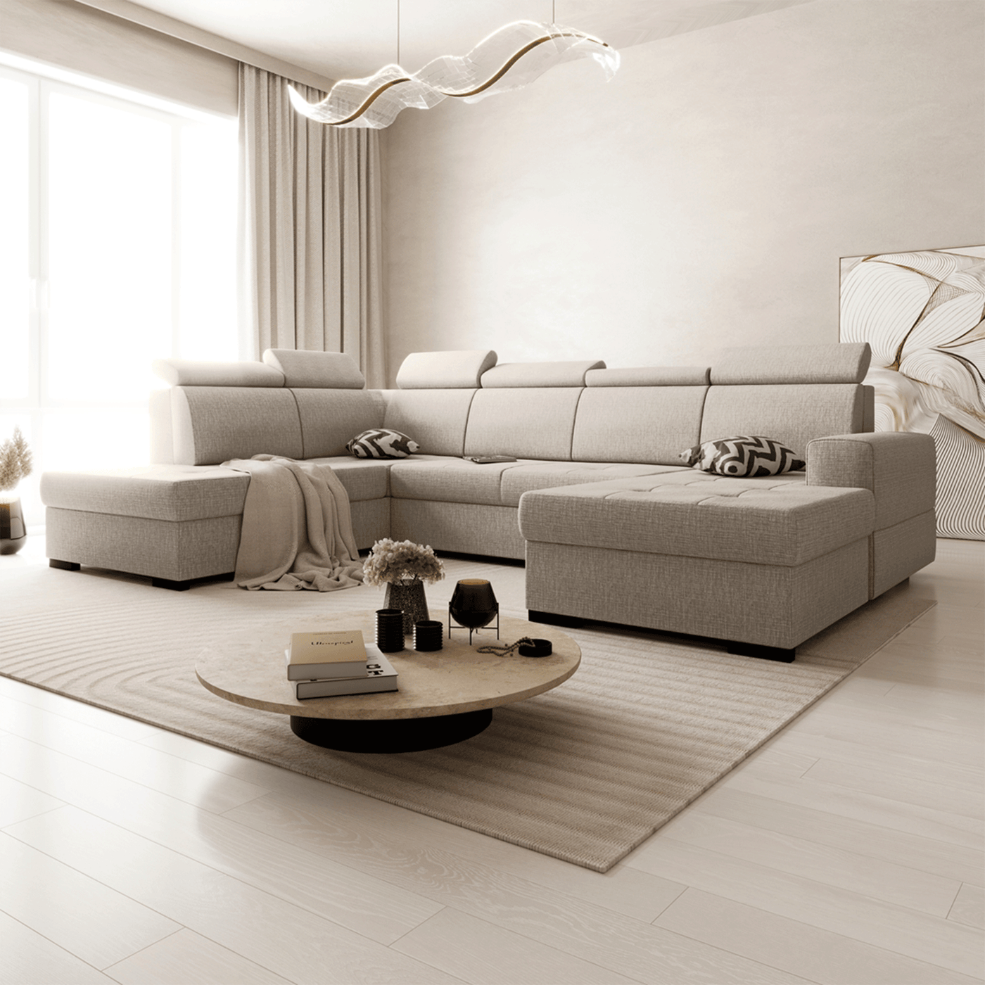 SACHA U Canapé panoramique convertible avec coffre en tissu taupe - Angle droit
