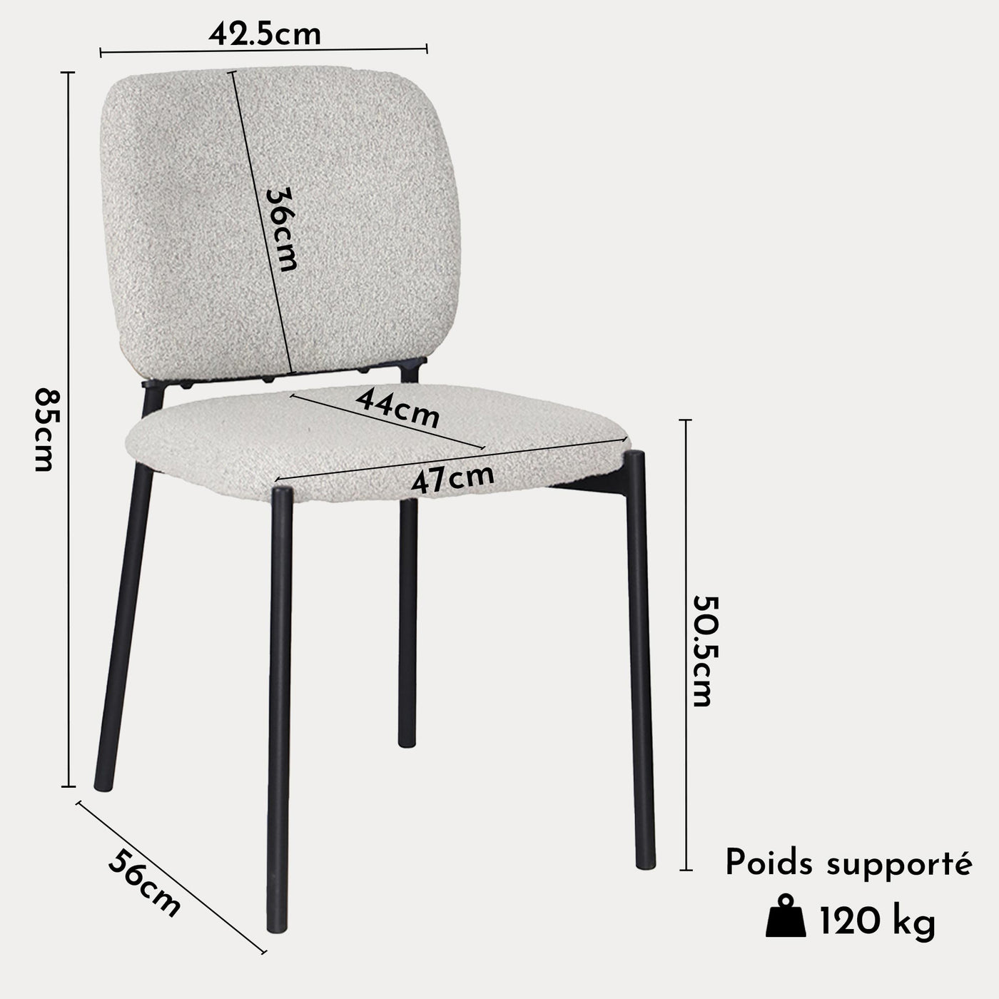 SAFIA Lot de 2 chaises en tissu beige piètement métal noir