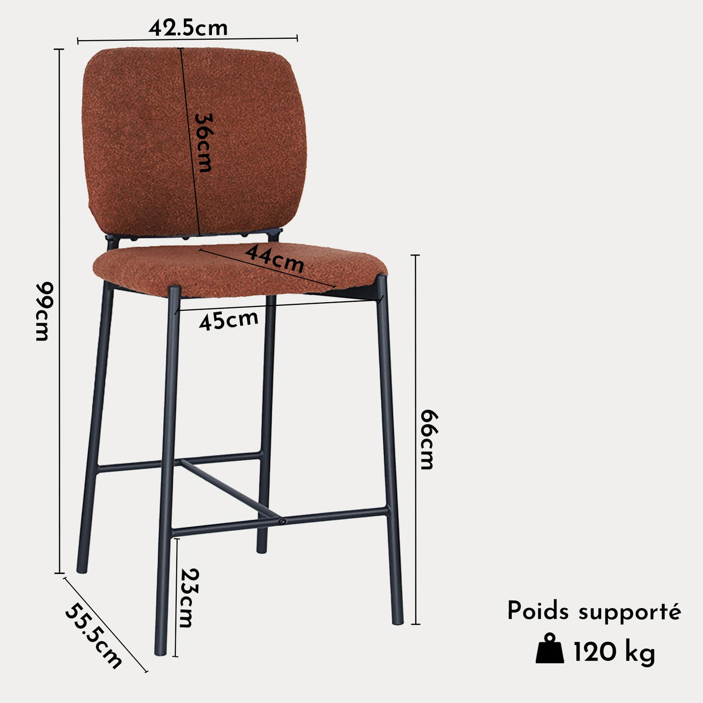 SAFIA Lot de 2 tabourets tissu rouille piètement métal noir