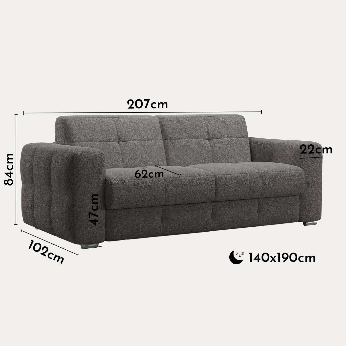 SAMINA Canapé 3 places convertible en tissu bouclette gris foncé matelas Memory 14 cm