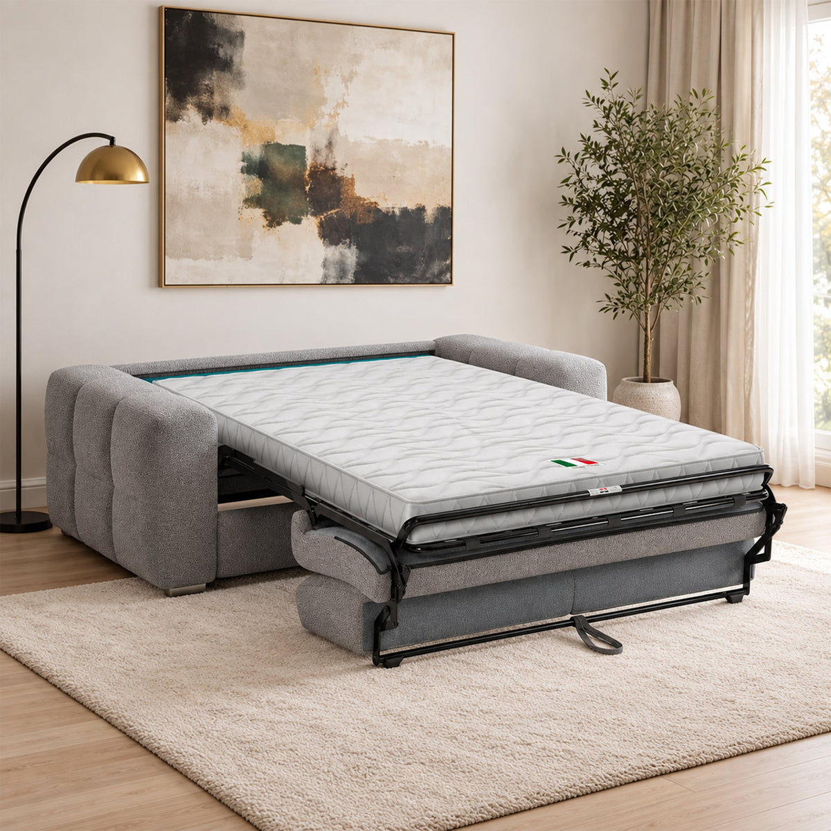 SAMINA Canapé 3 places convertible en tissu bouclette gris matelas Memory 14 cm - Canapés convertibles - Mobilier Deco