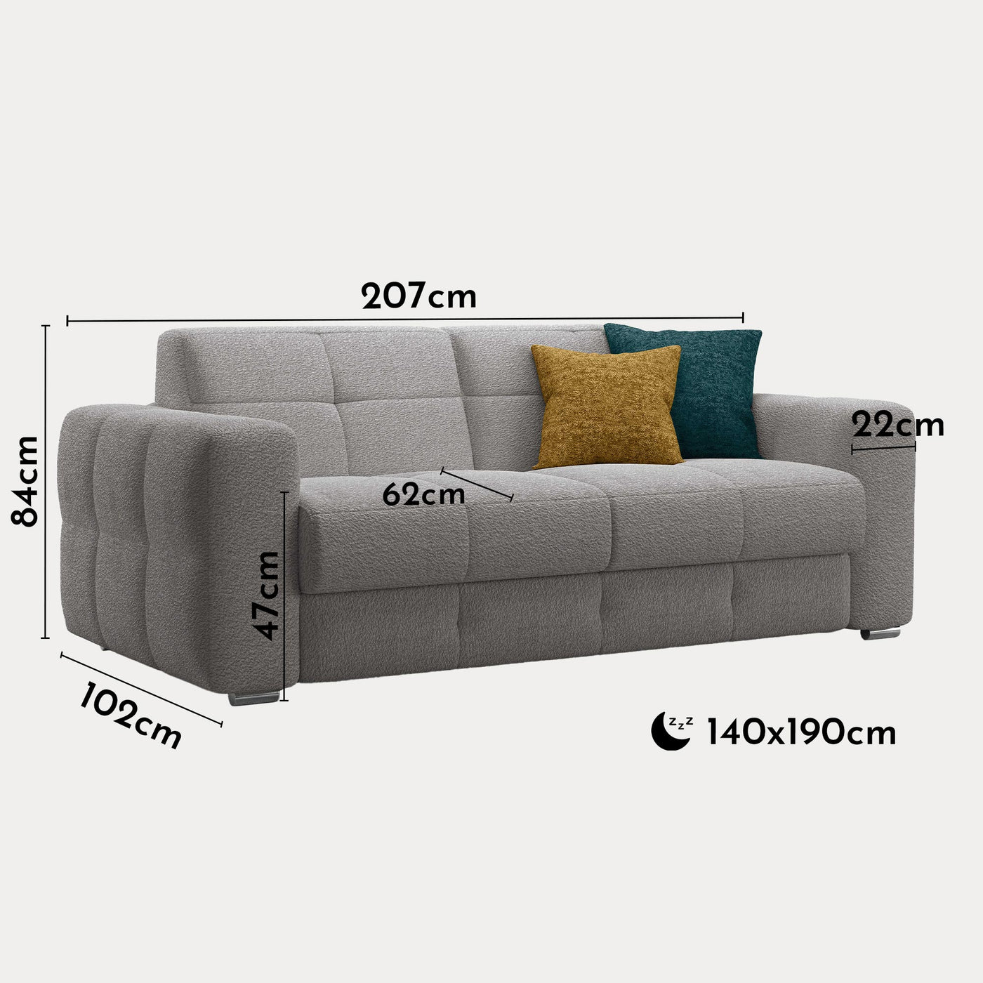 SAMINA Canapé 3 places convertible en tissu bouclette gris matelas Memory 14 cm