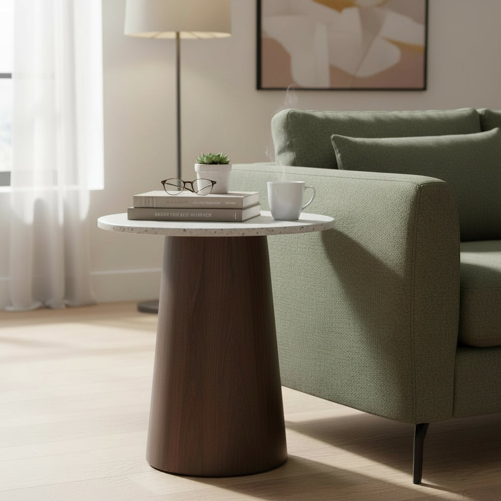 SANA - 40 Table d'appoint en marbre composite pieds couleur bois foncé D40 cm