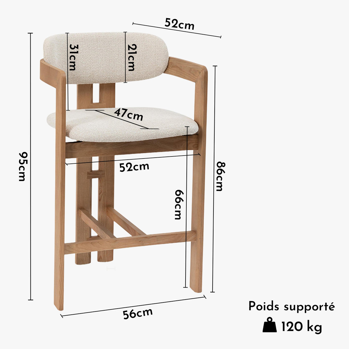 SANDRA Tabouret en tissu beige pieds en chêne massif clair - Mobilier Deco