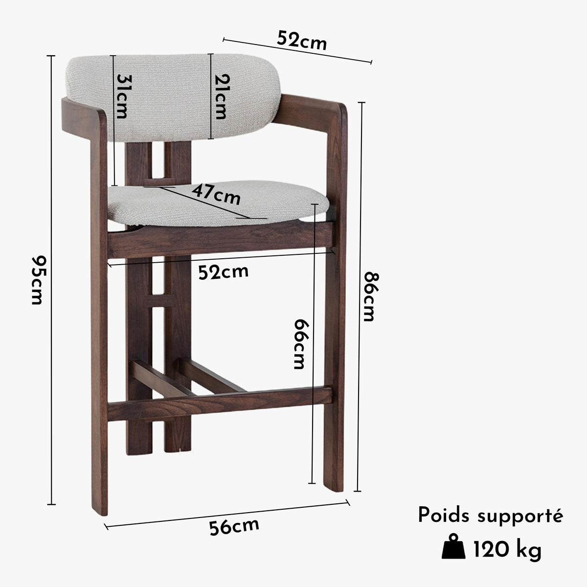 SANDRA Tabouret en tissu beige pieds en chêne massif foncé - Mobilier Deco
