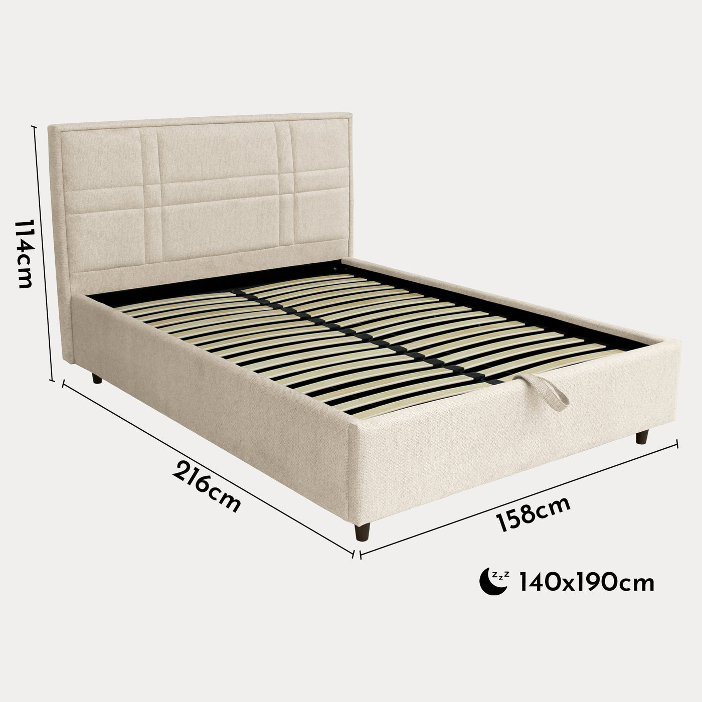 SANEL Lit double en tissu beige avec coffre 140x190 cm