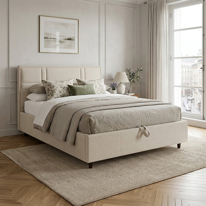 SANEL Lit double en tissu beige avec coffre 160x200 cm