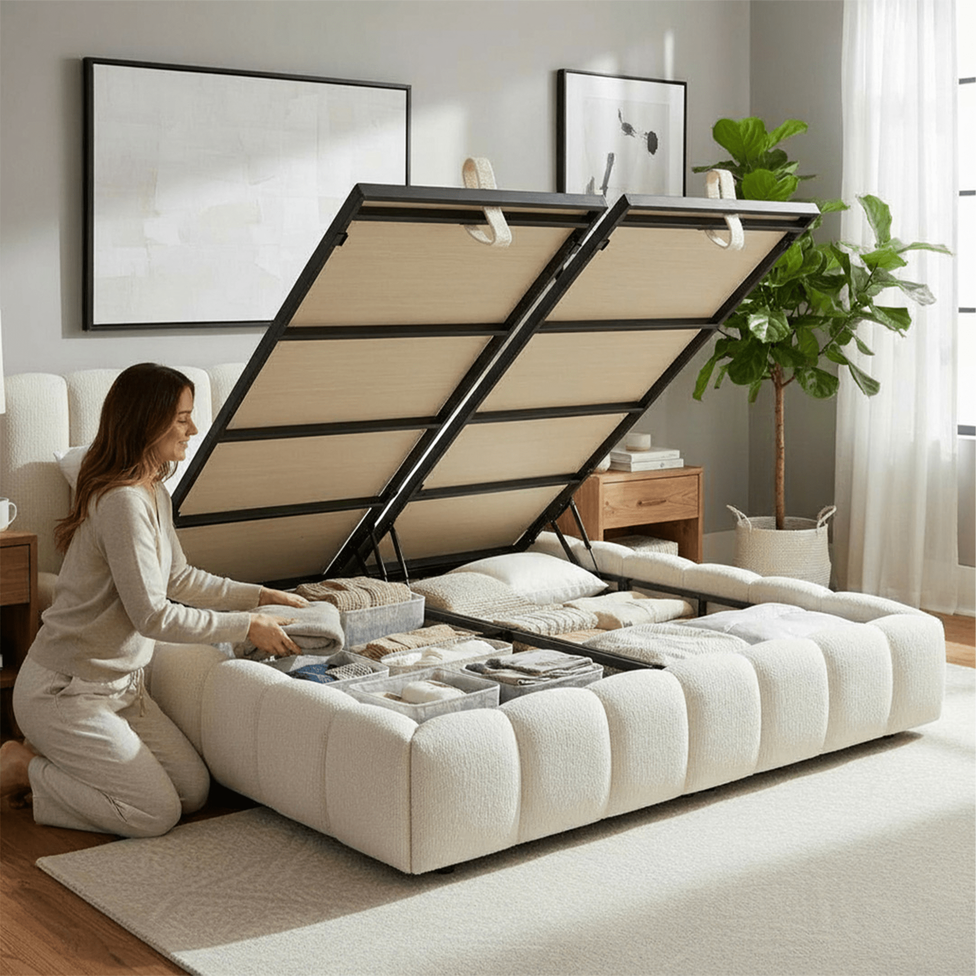 SAPHIRA Lit double en tissu beige avec coffre 140x190 cm - Lits - Mobilier Deco