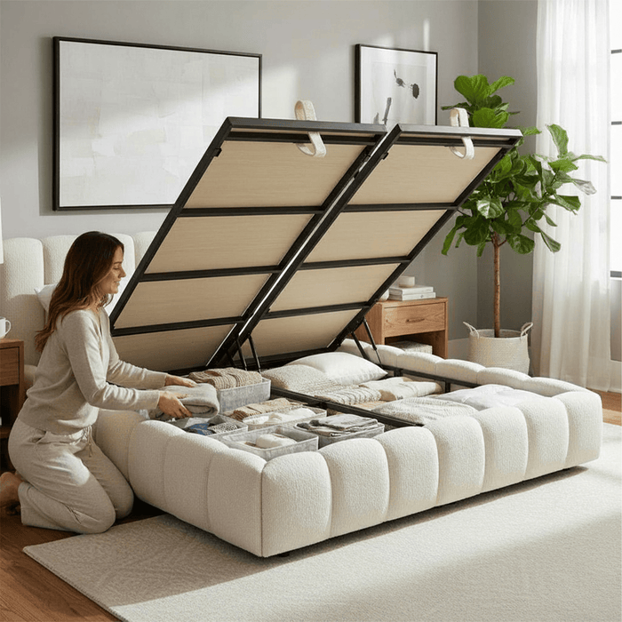 SAPHIRA Lit double tissu beige avec coffre 160x200 cm