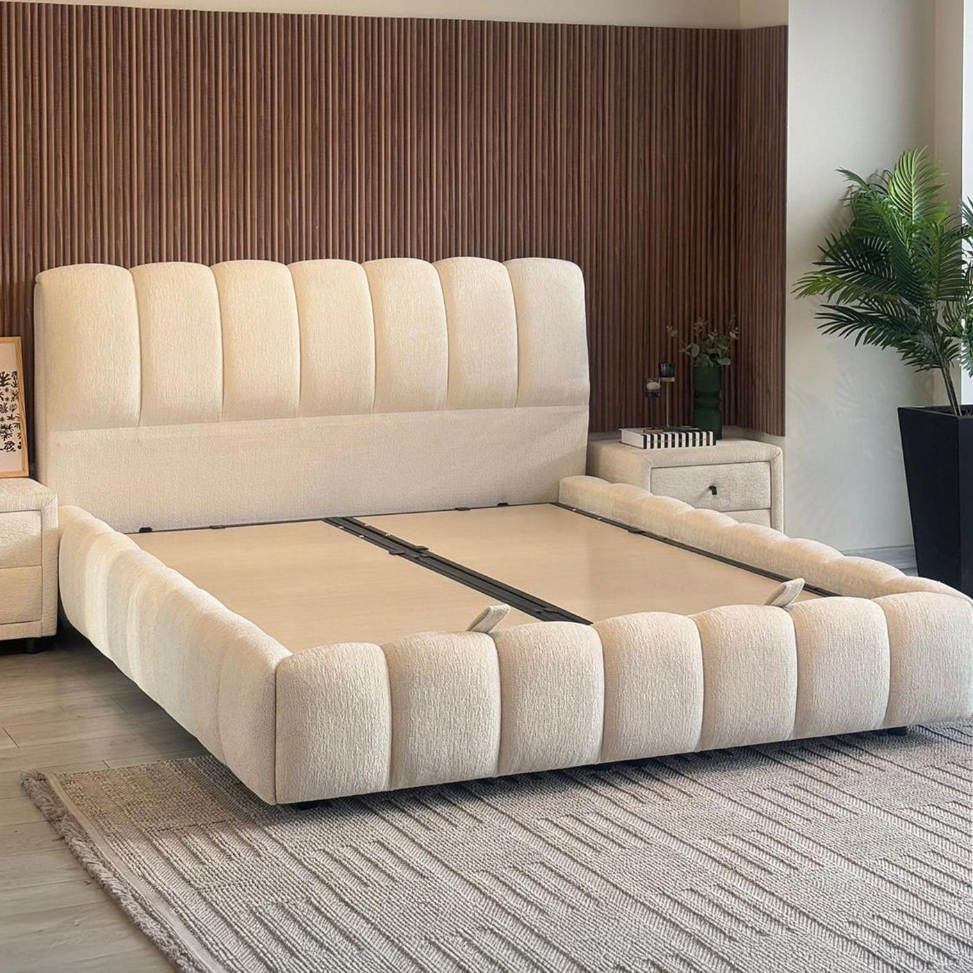 SAPHIRA Lit double tissu beige avec coffre 160x200 cm