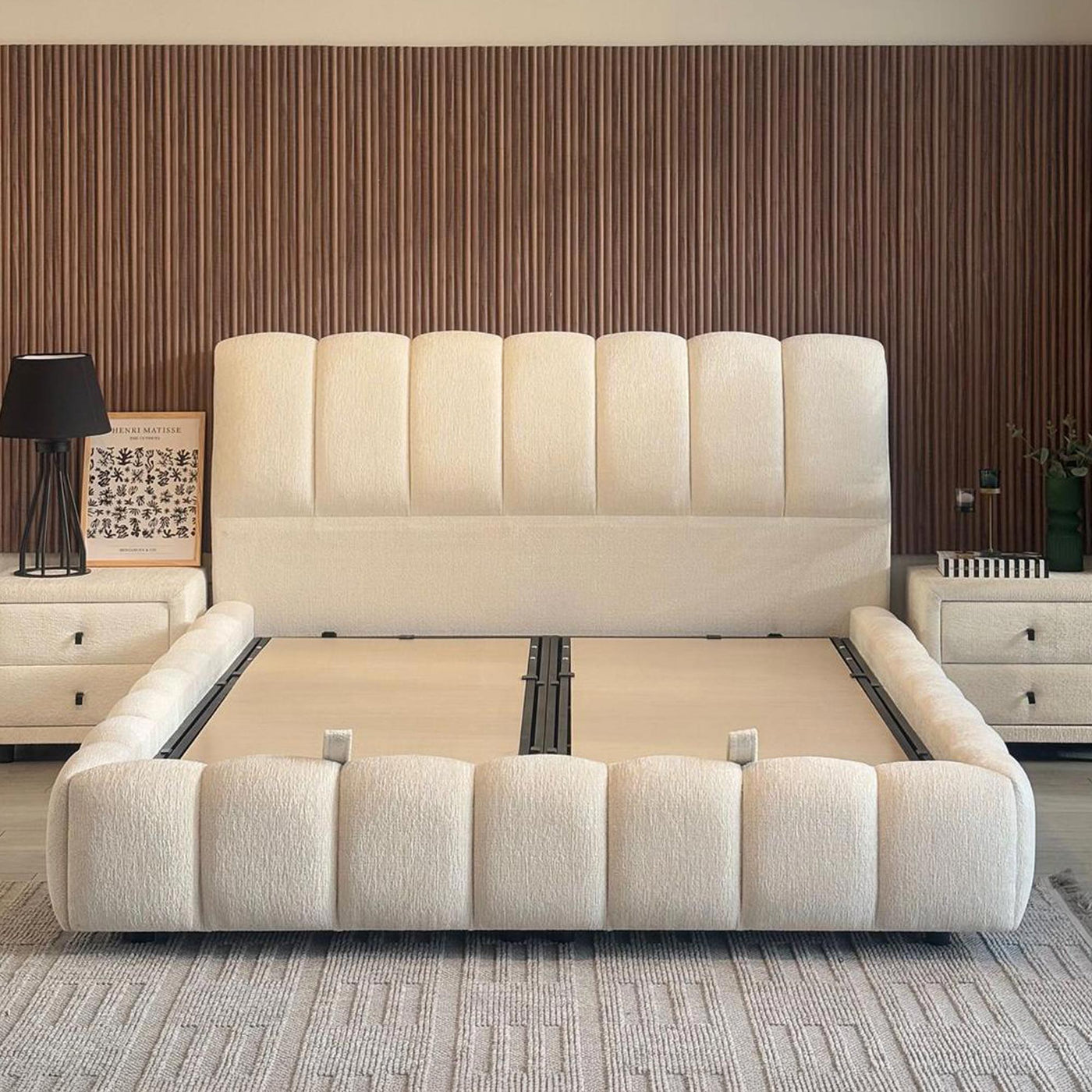 SAPHIRA Lit double tissu beige avec coffre 160x200 cm