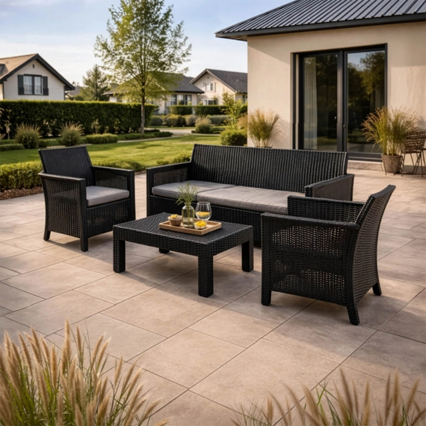 SAVIO Ensemble de mobilier de jardin 5 places avec table noir