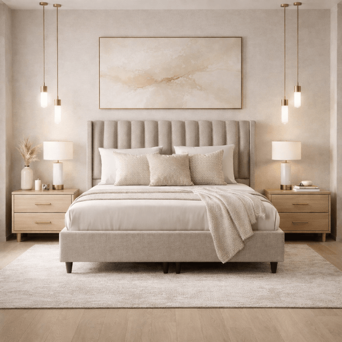 SAYA Lit coffre en tissu beige 160x200 cm