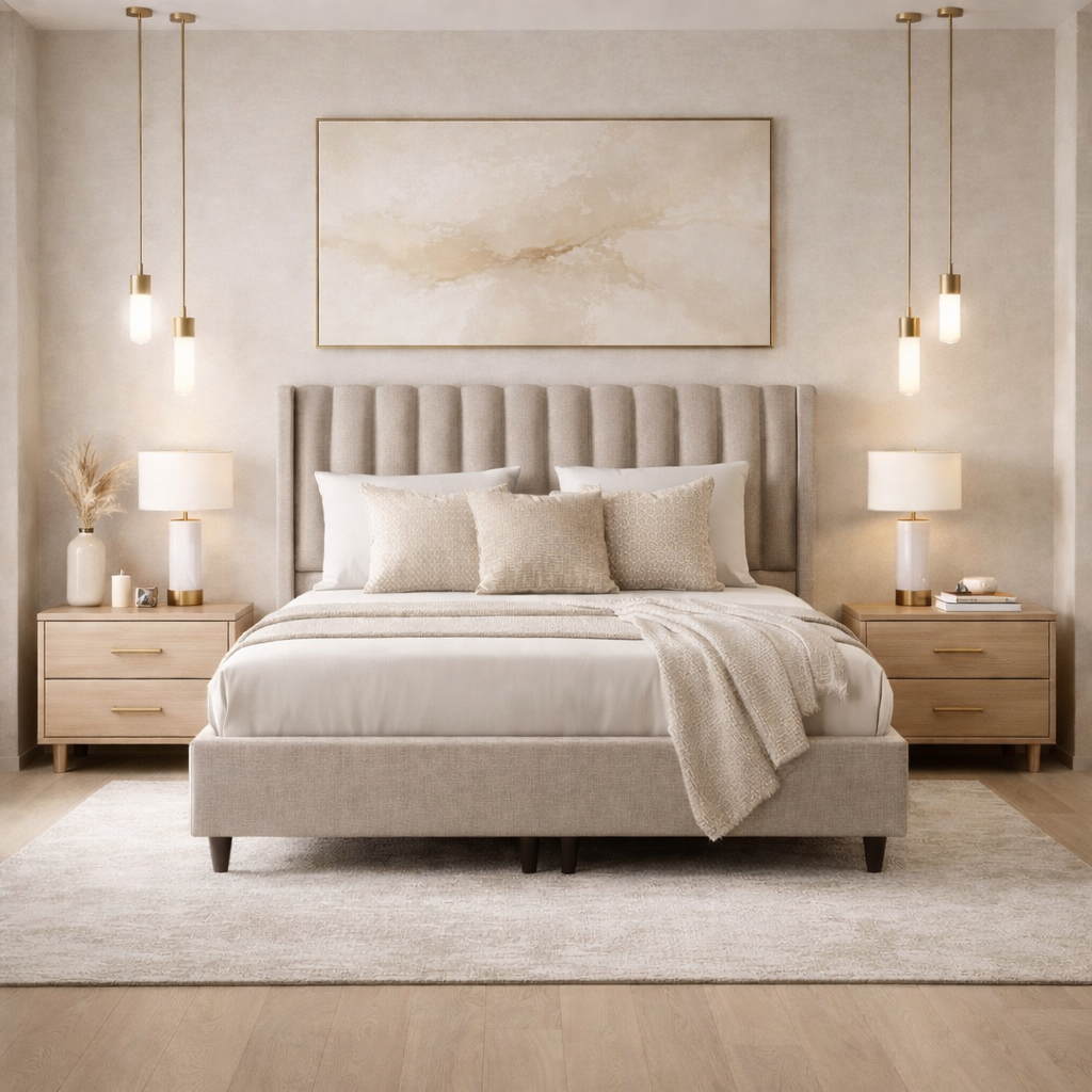 SAYA Lit coffre en tissu beige 160x200 cm