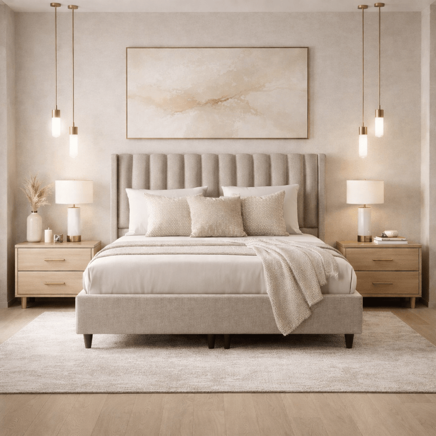 SAYA Lit coffre en tissu beige 180x200 cm — aperçu vidéo