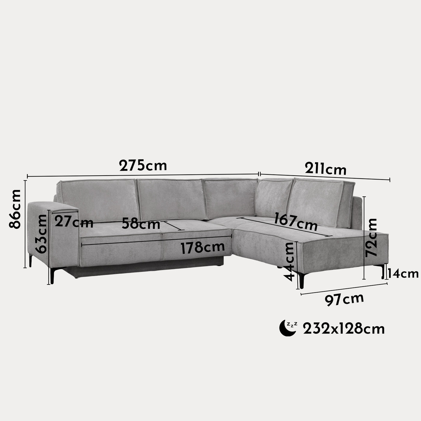 SAYLA Canapé d'angle convertible en tissu gris clair - Angle droit