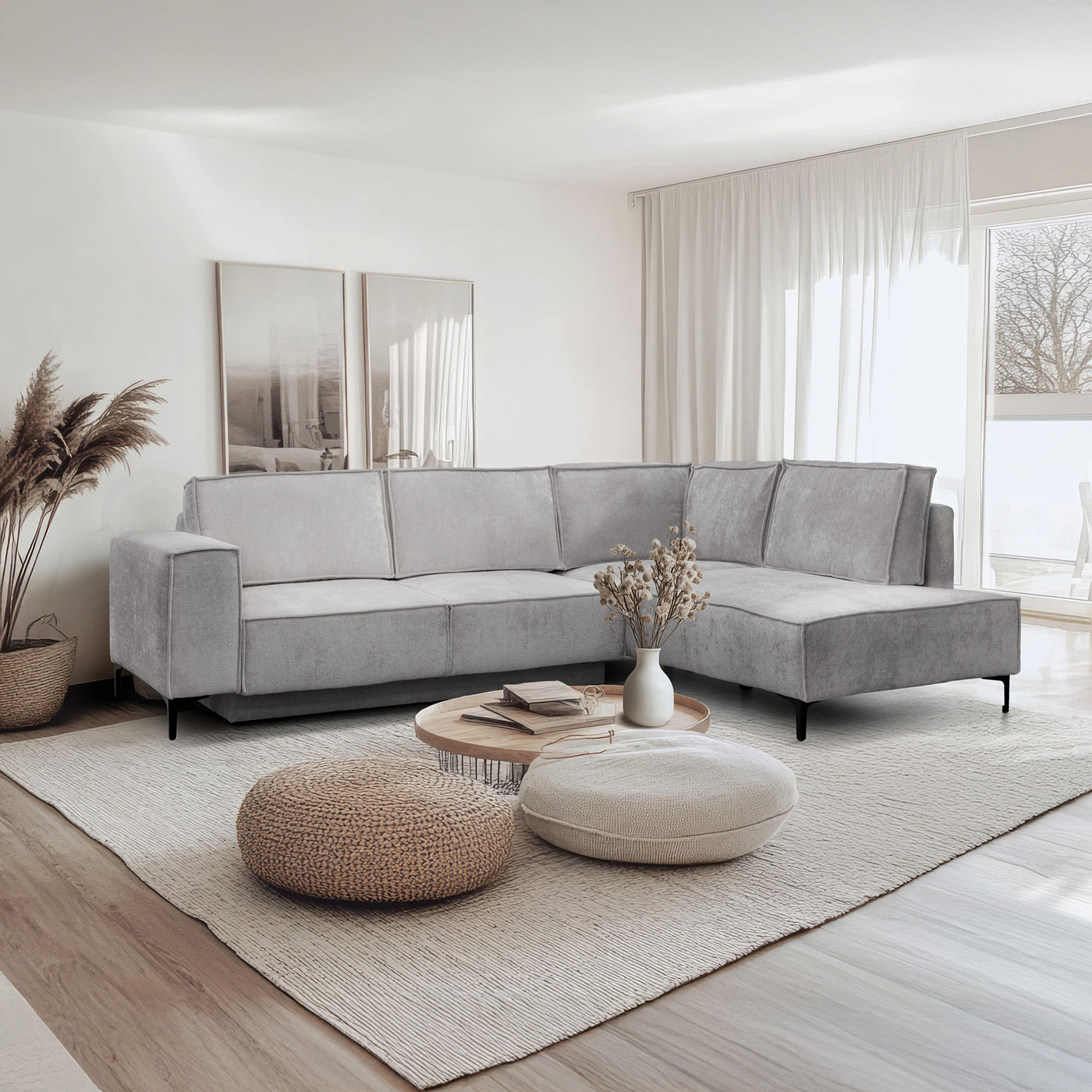 SAYLA Canapé d'angle convertible en tissu gris clair - Angle droit