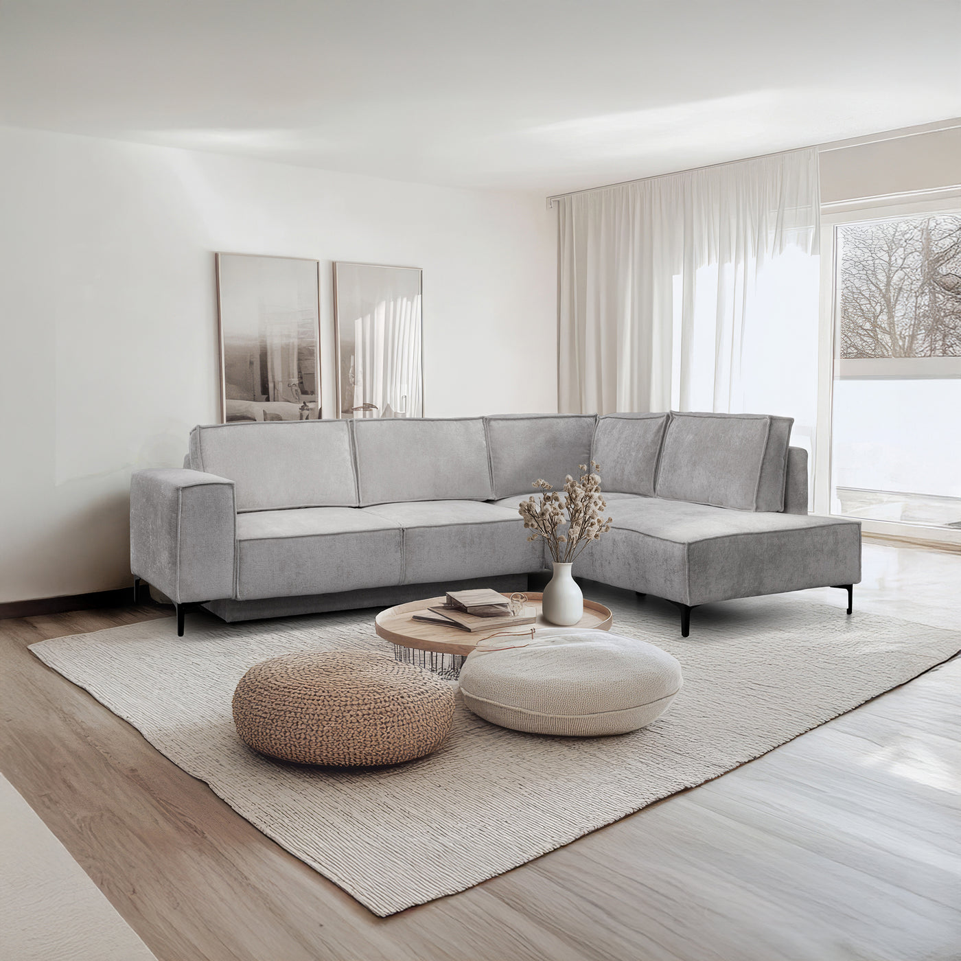 SAYLA Canapé d'angle convertible en tissu gris clair - Angle droit