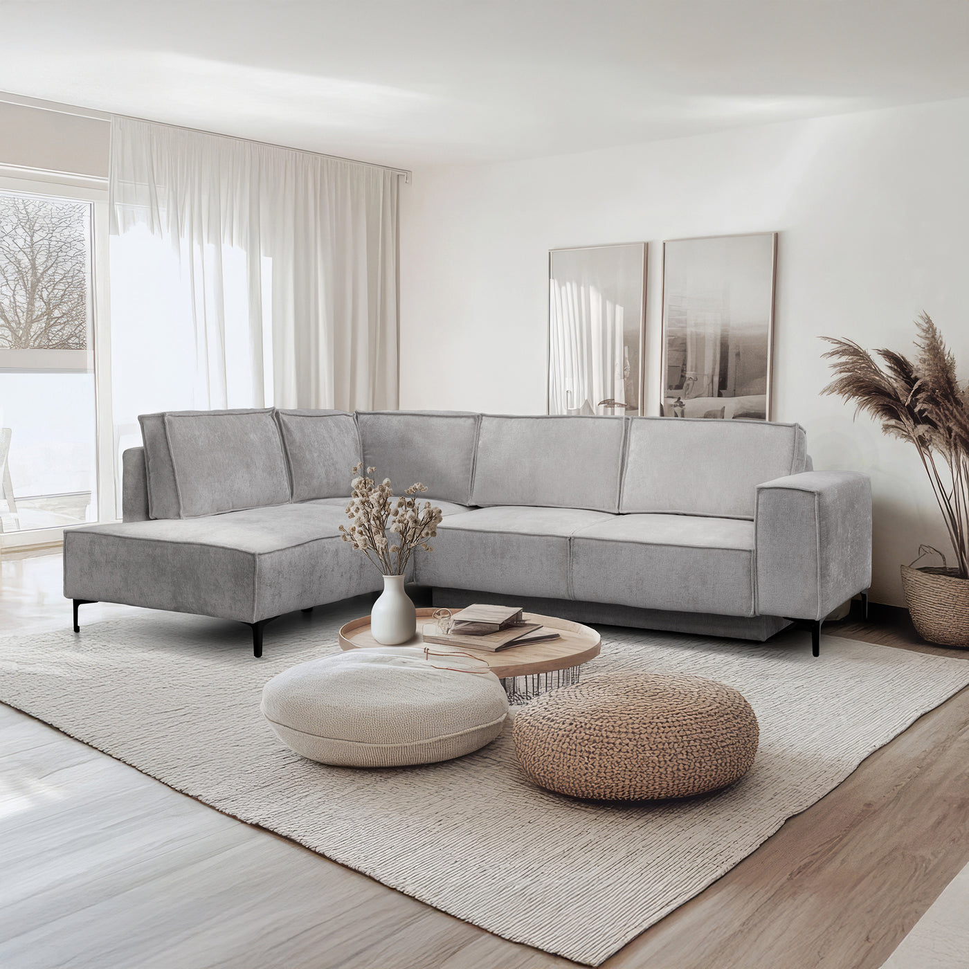 SAYLA Canapé d'angle convertible en tissu gris clair - Angle gauche