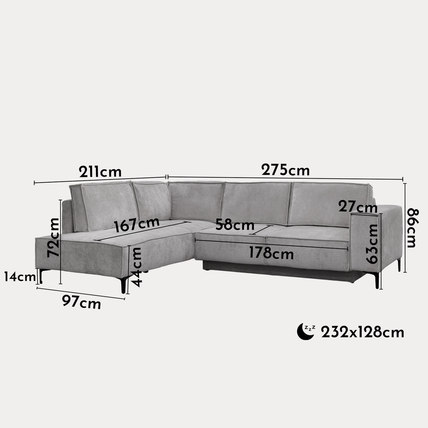 SAYLA Canapé d'angle convertible en tissu gris clair - Angle gauche