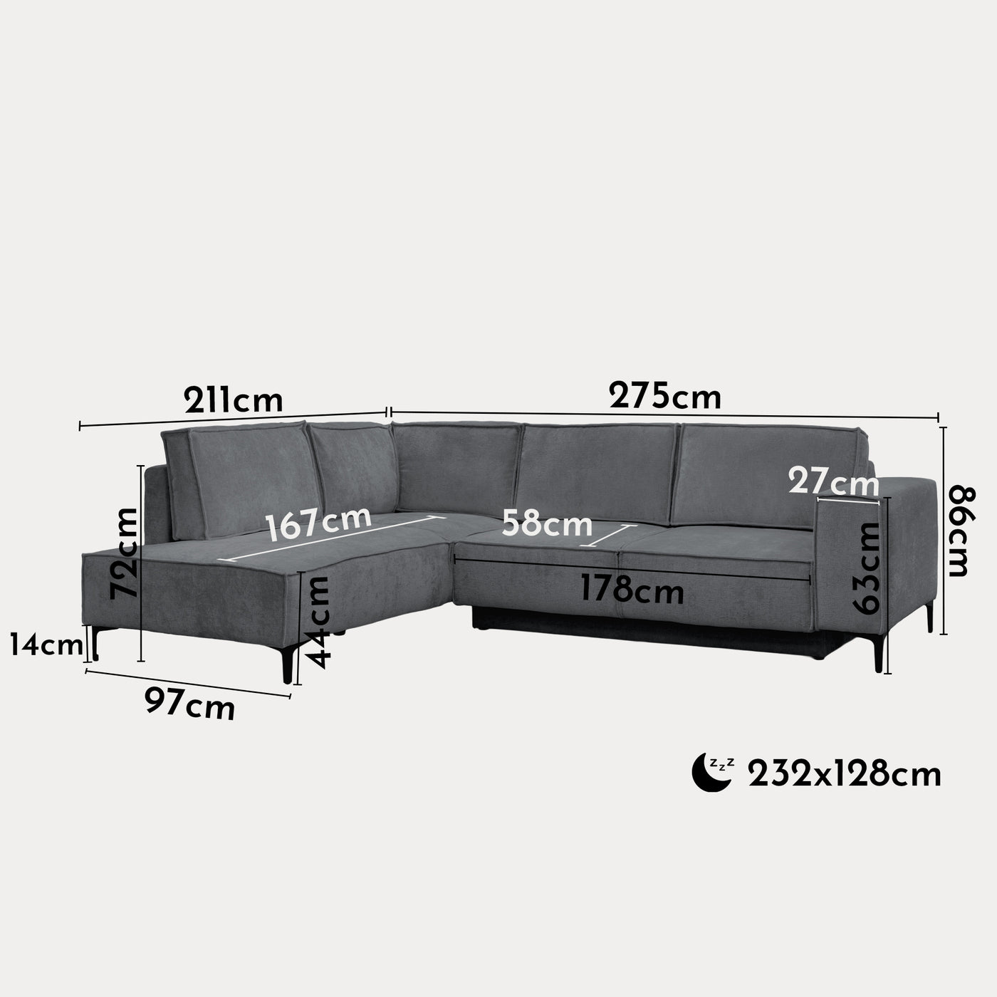 SAYLA Canapé d'angle convertible en tissu gris foncé - Angle gauche