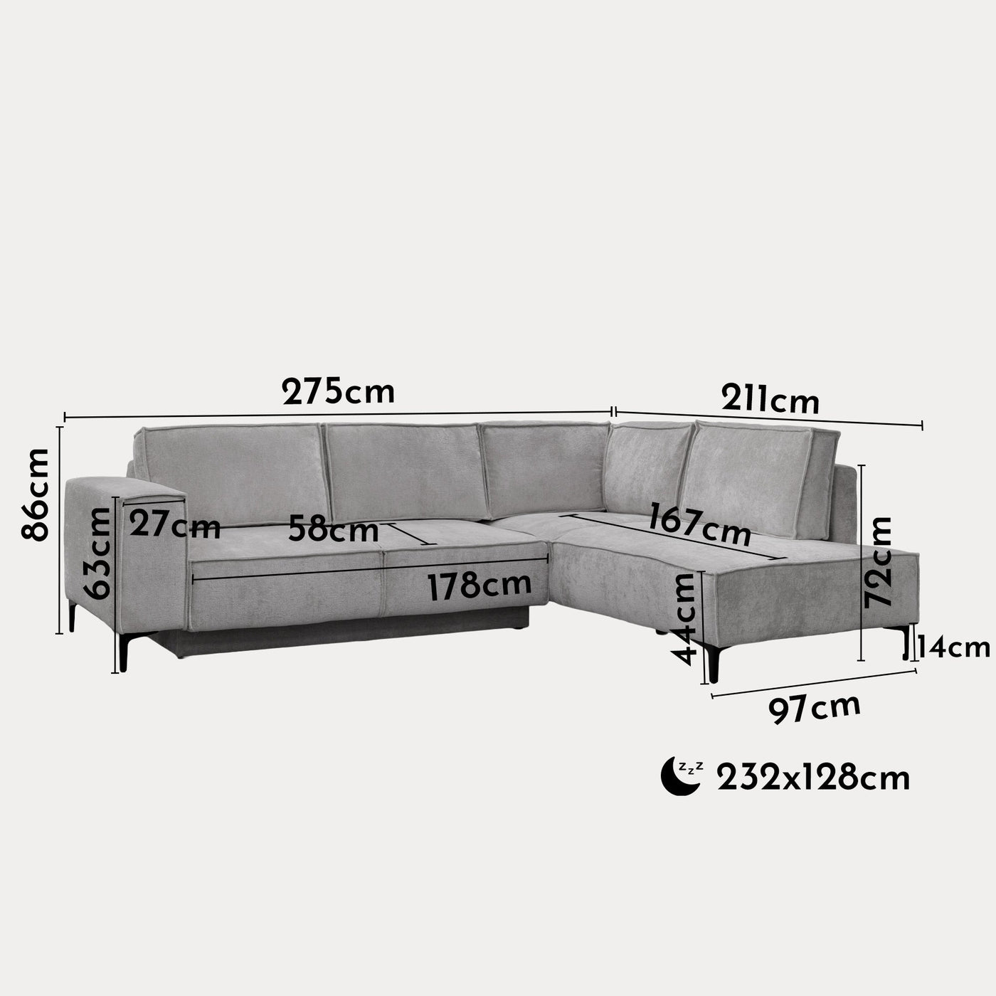 SAYLA Canapé d'angle convertible en tissu gris clair - Angle droit - Canapé d'angle convertible - Mobilier Deco