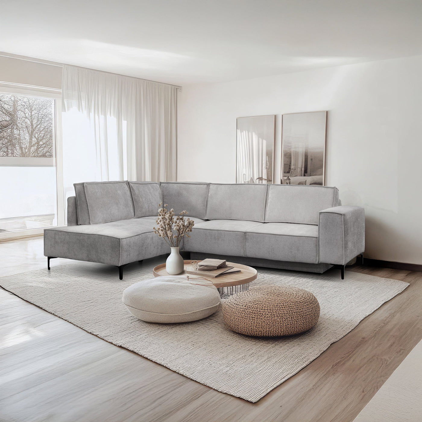 SAYLA Canapé d'angle convertible en tissu gris clair - Angle gauche - Canapé d'angle convertible - Mobilier Deco