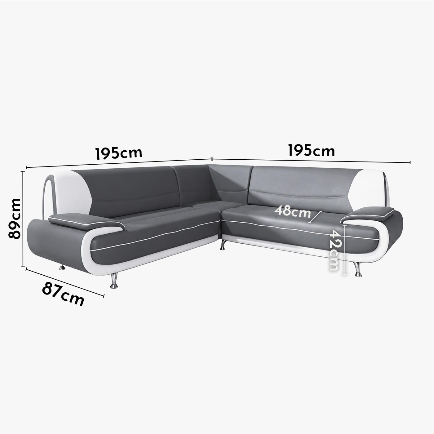 MUZA Canapé d'angle design en simili cuir gris et blanc