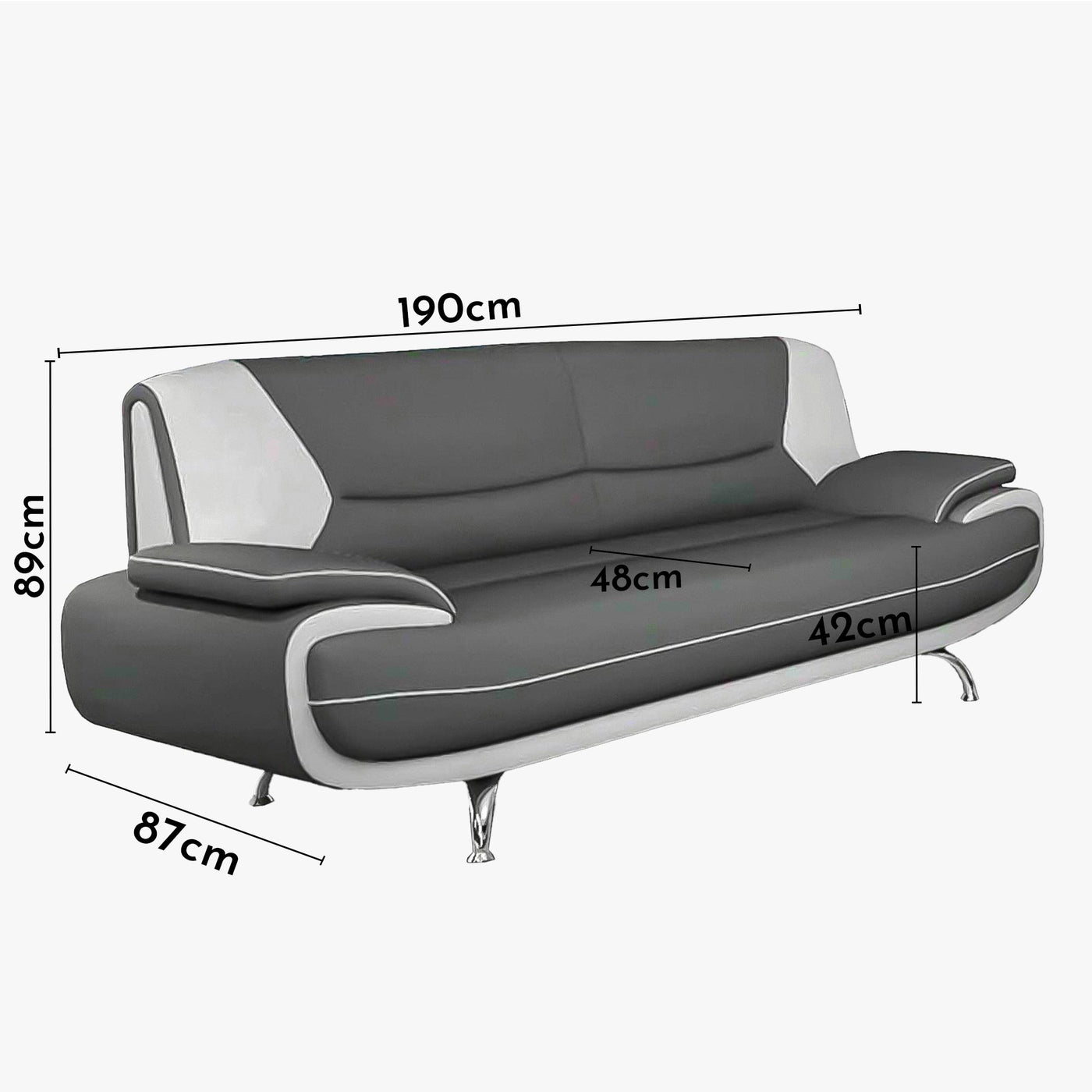 MUZA Canapé design 3 places en simili cuir gris et blanc