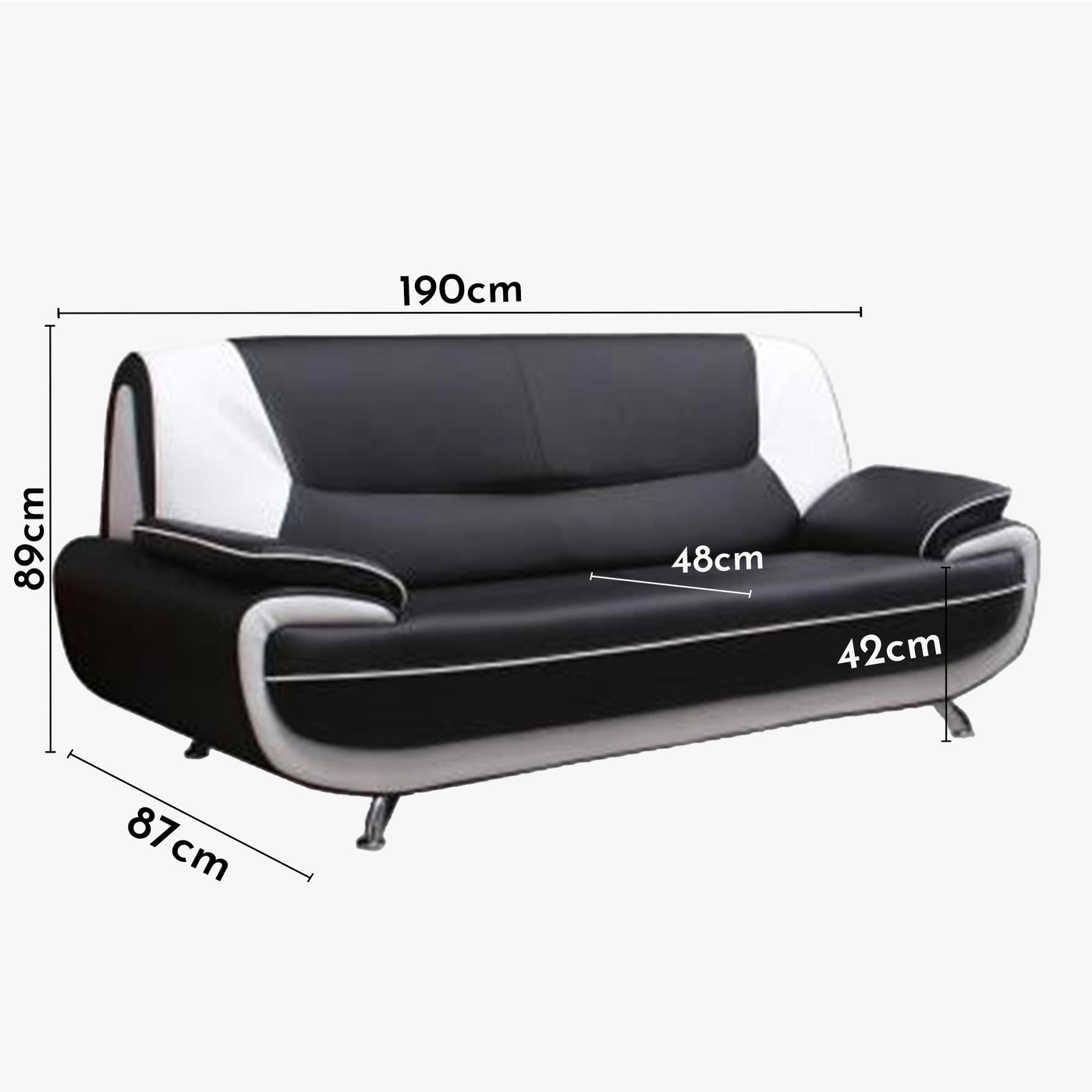 MUZA Canapé design 3 places en simili cuir noir et blanc