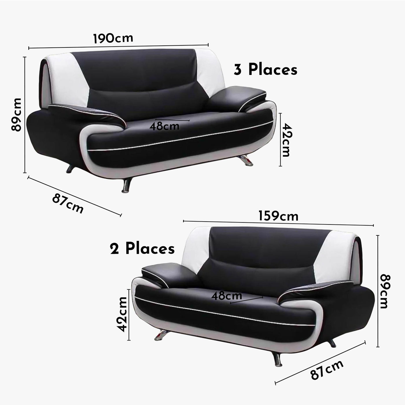 MUZA Ensemble canapé design en simili cuir noir et blanc