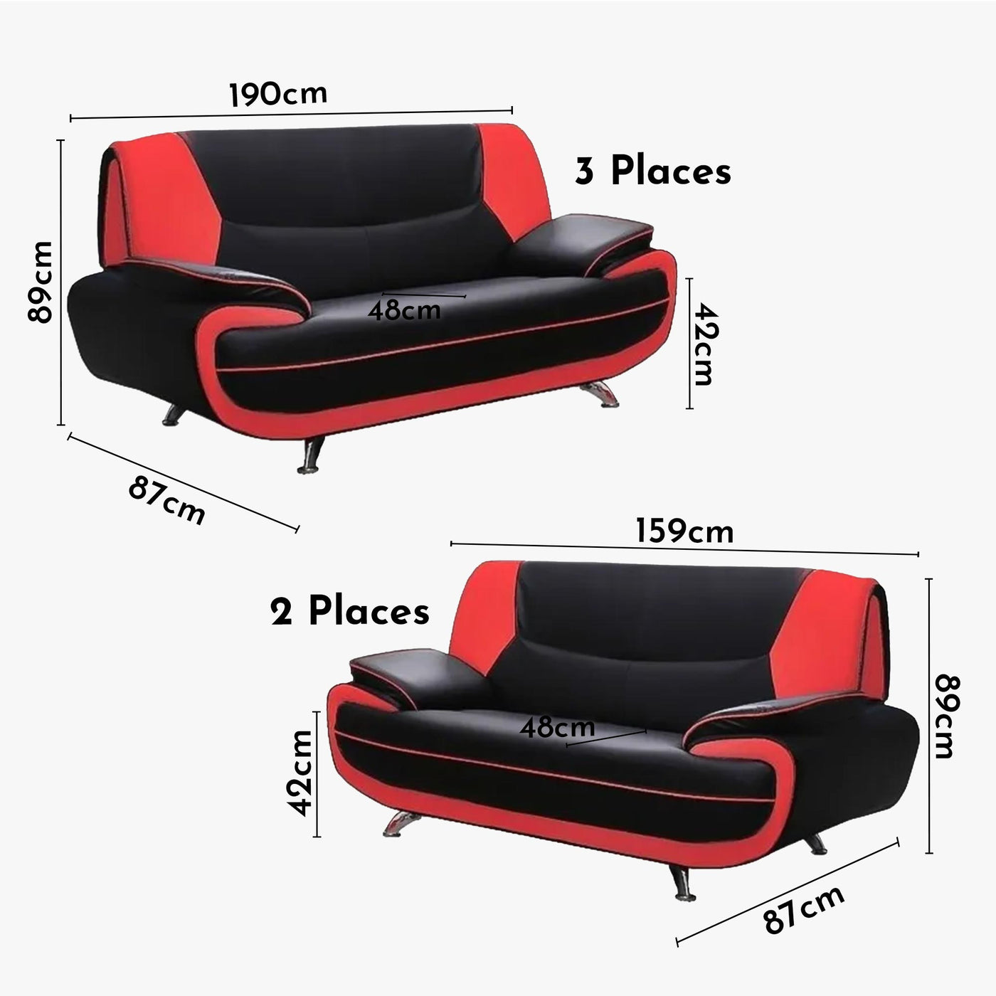 MUZA Ensemble canapé design en simili cuir noir et rouge