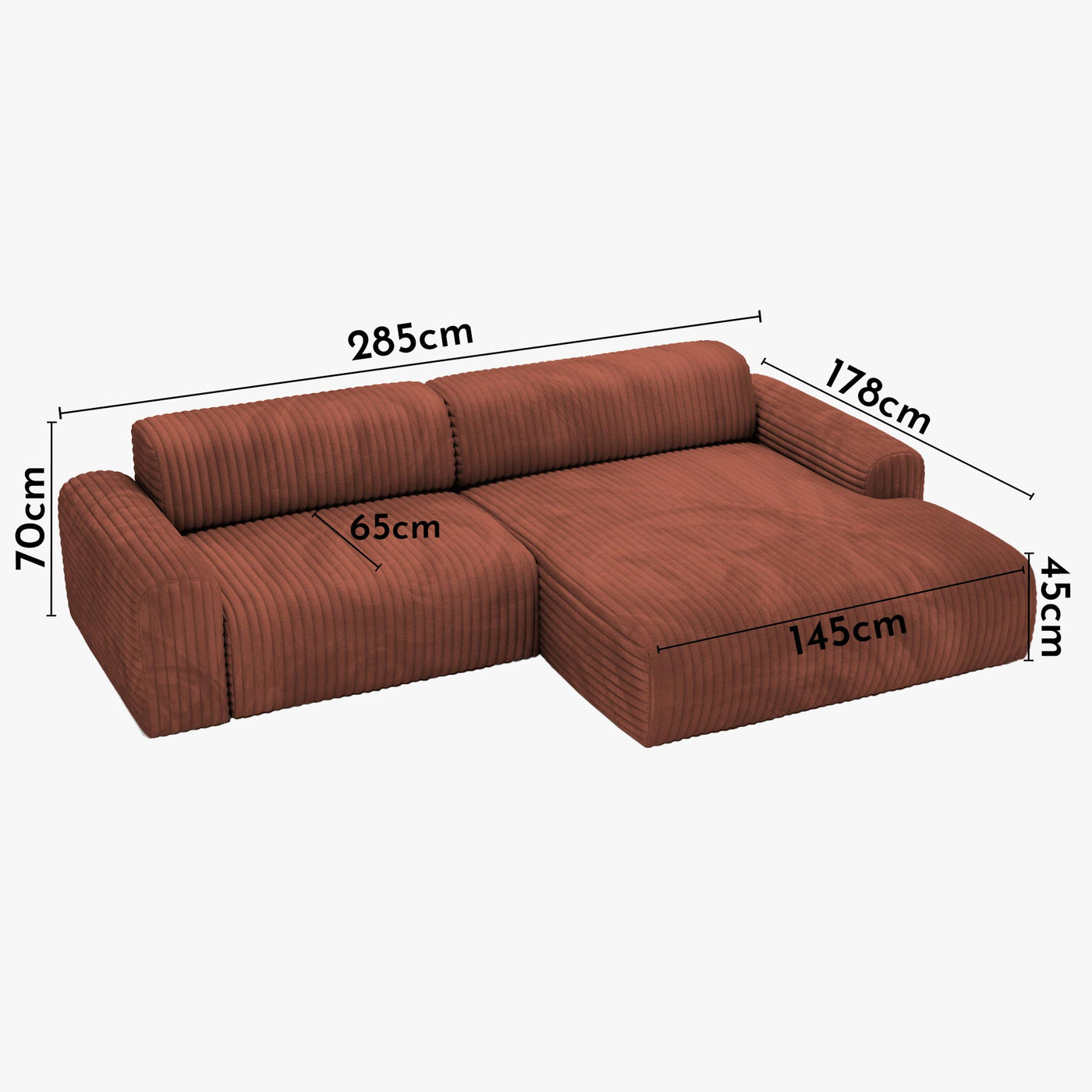 SOFIA Canapé d'angle en velours gros côtelé terracotta - Angle droit