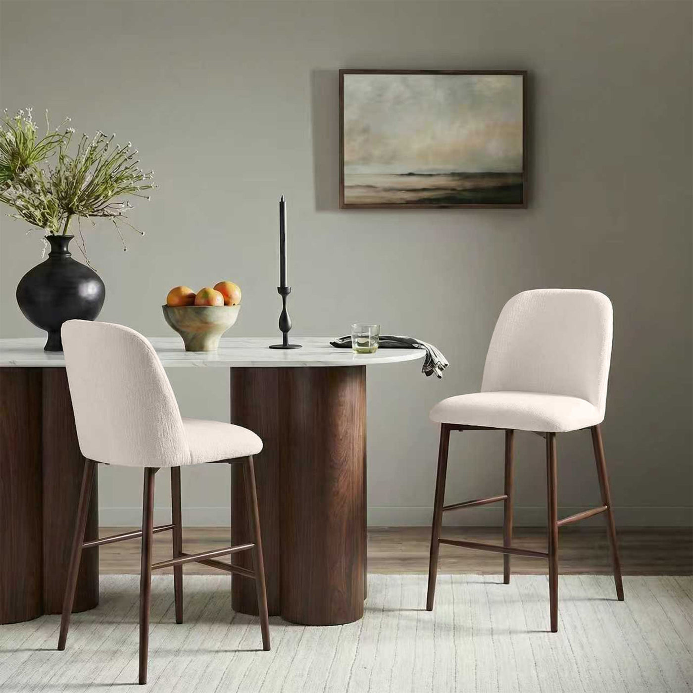 SELIA Lot de 2 tabourets en tissu beige pieds couleur bois foncé - Tabourets - Mobilier Deco