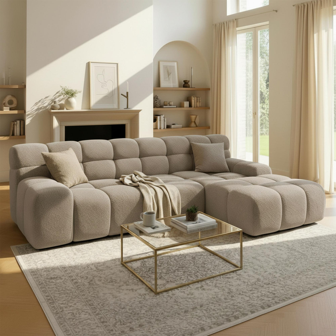 SERENA Canapé d'angle tissu bouclette beige foncé - Angle droit