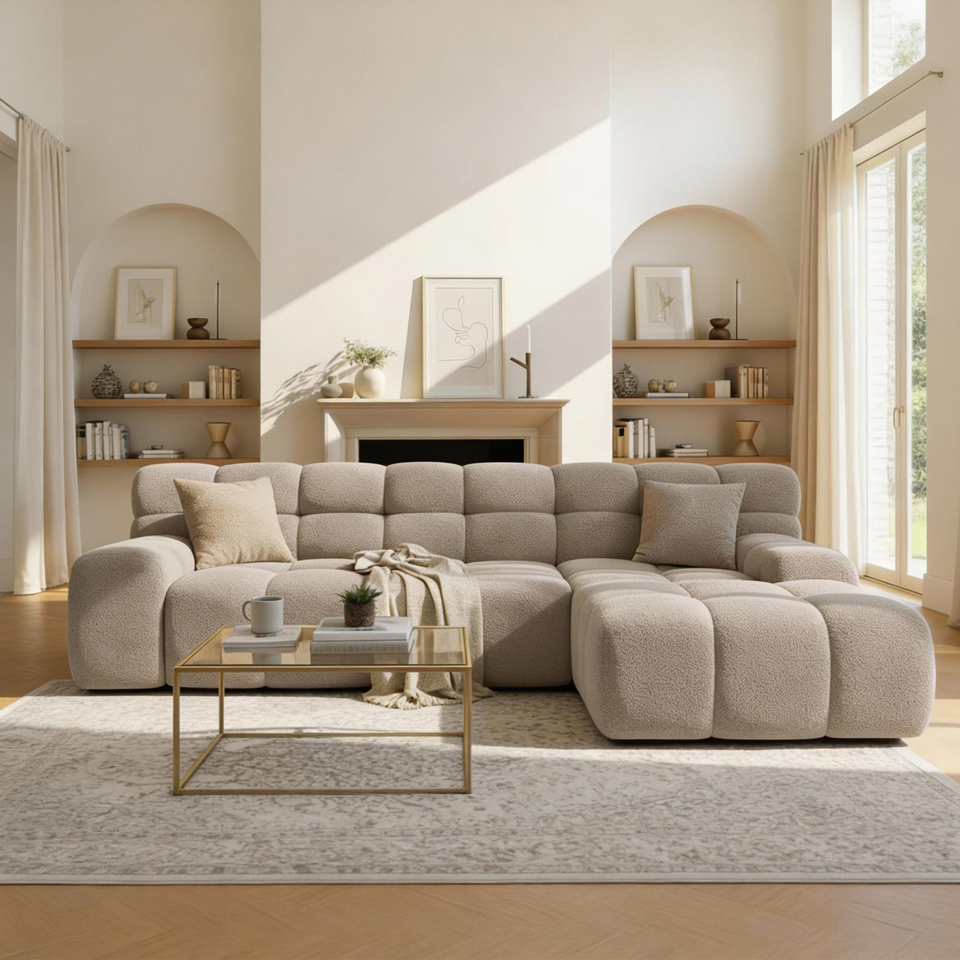SERENA Canapé d'angle tissu bouclette beige foncé - Angle droit