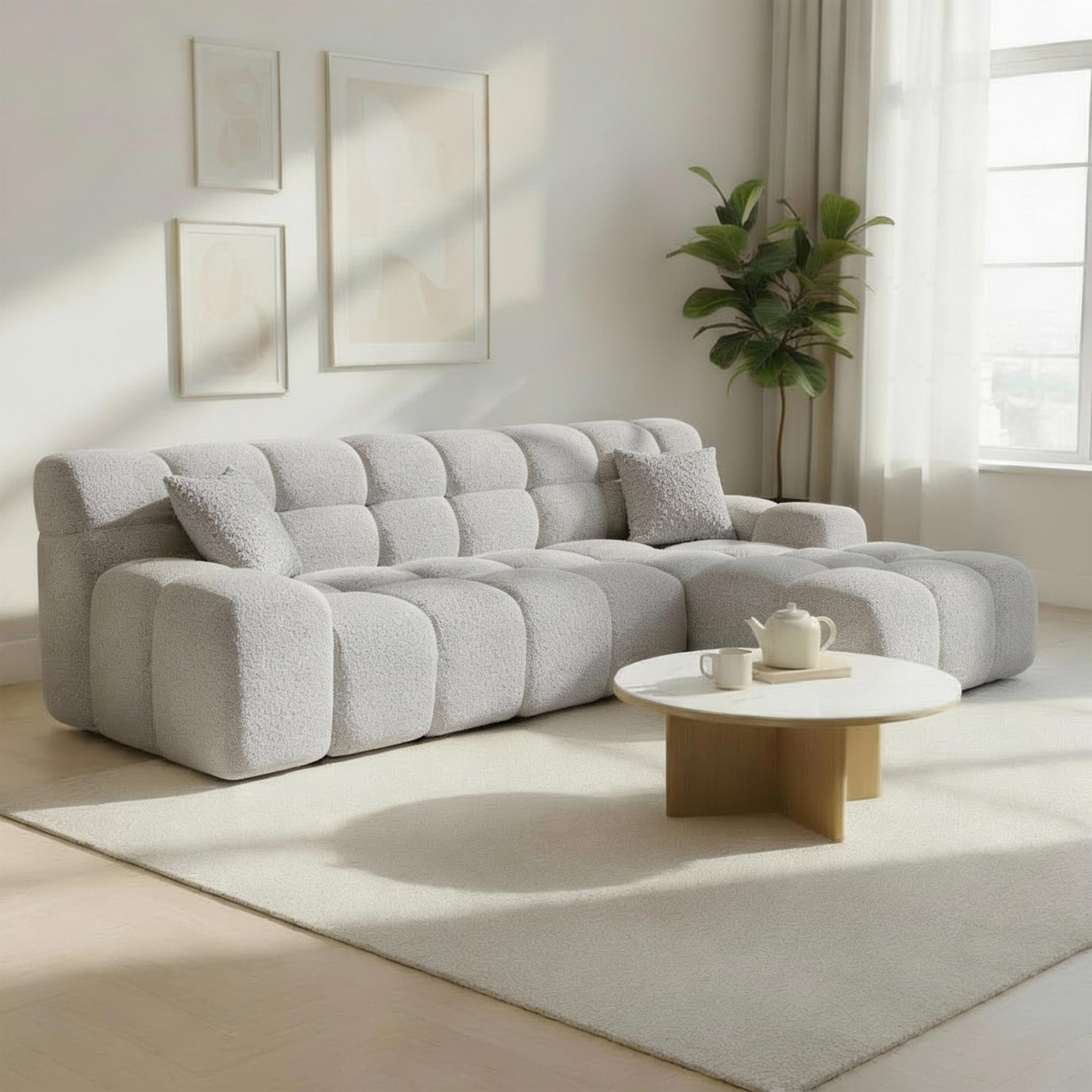 SERENA Canapé d'angle tissu bouclette gris clair - Angle droit