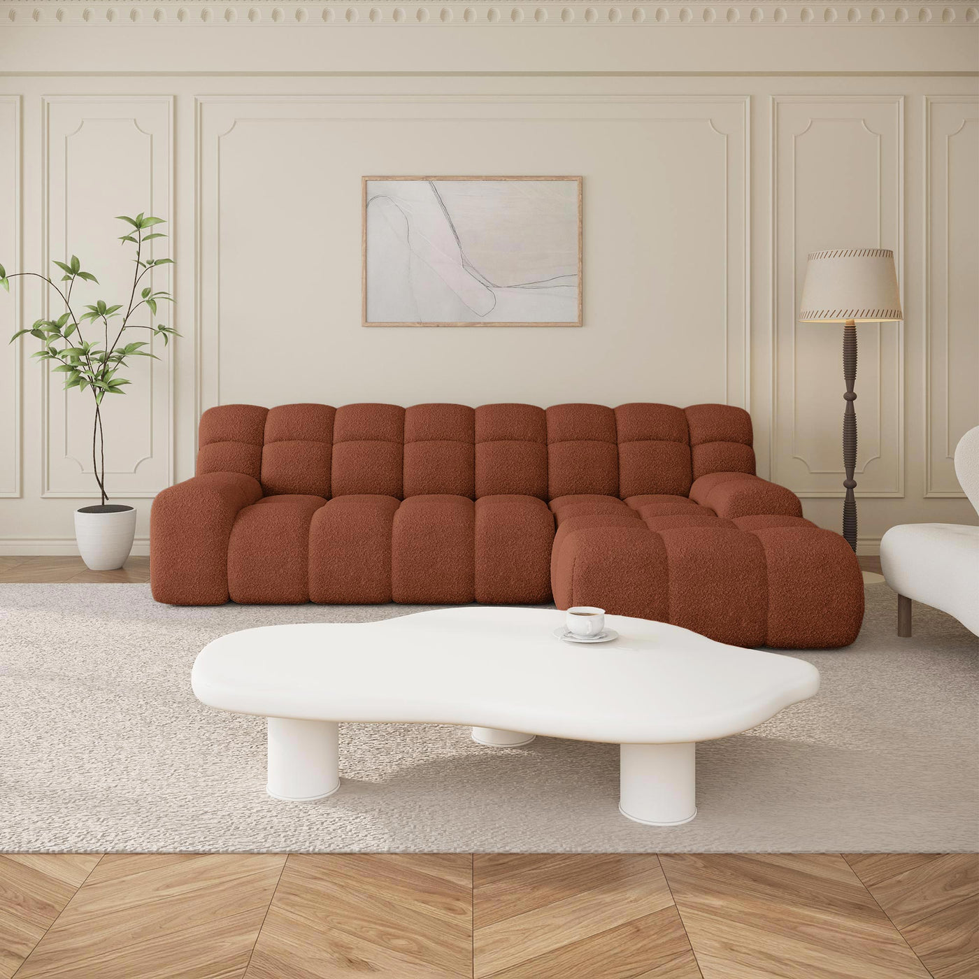 SERENA Canapé d'angle tissu bouclette orange - Angle droit