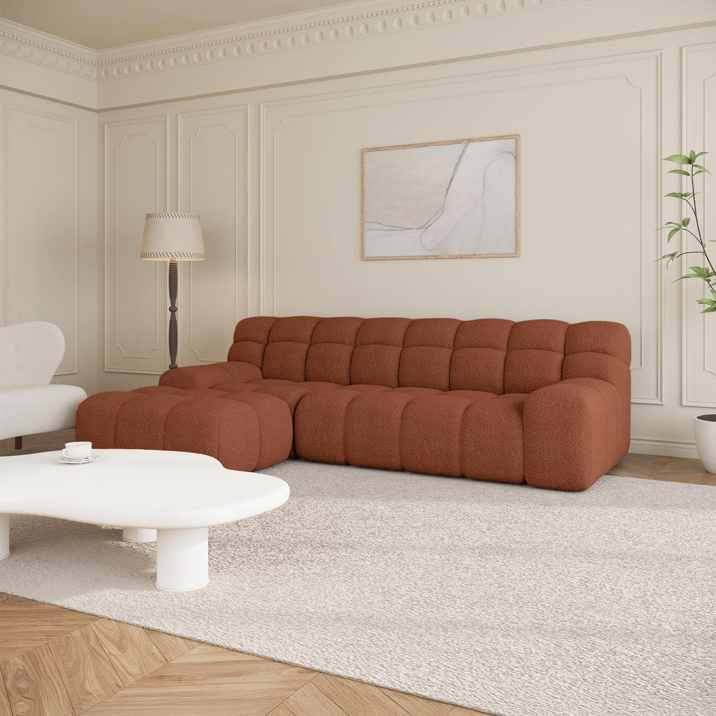 SERENA Canapé d'angle tissu bouclette orange - Angle gauche