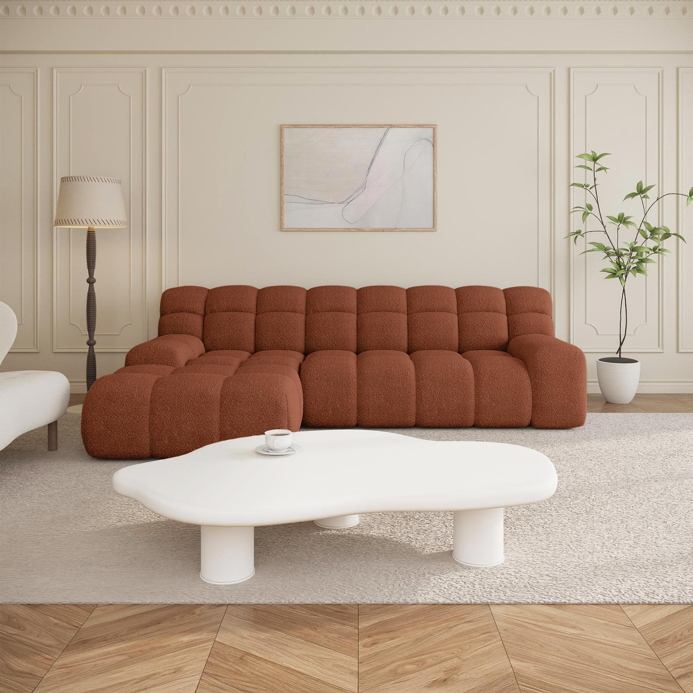 SERENA Canapé d'angle tissu bouclette orange - Angle gauche