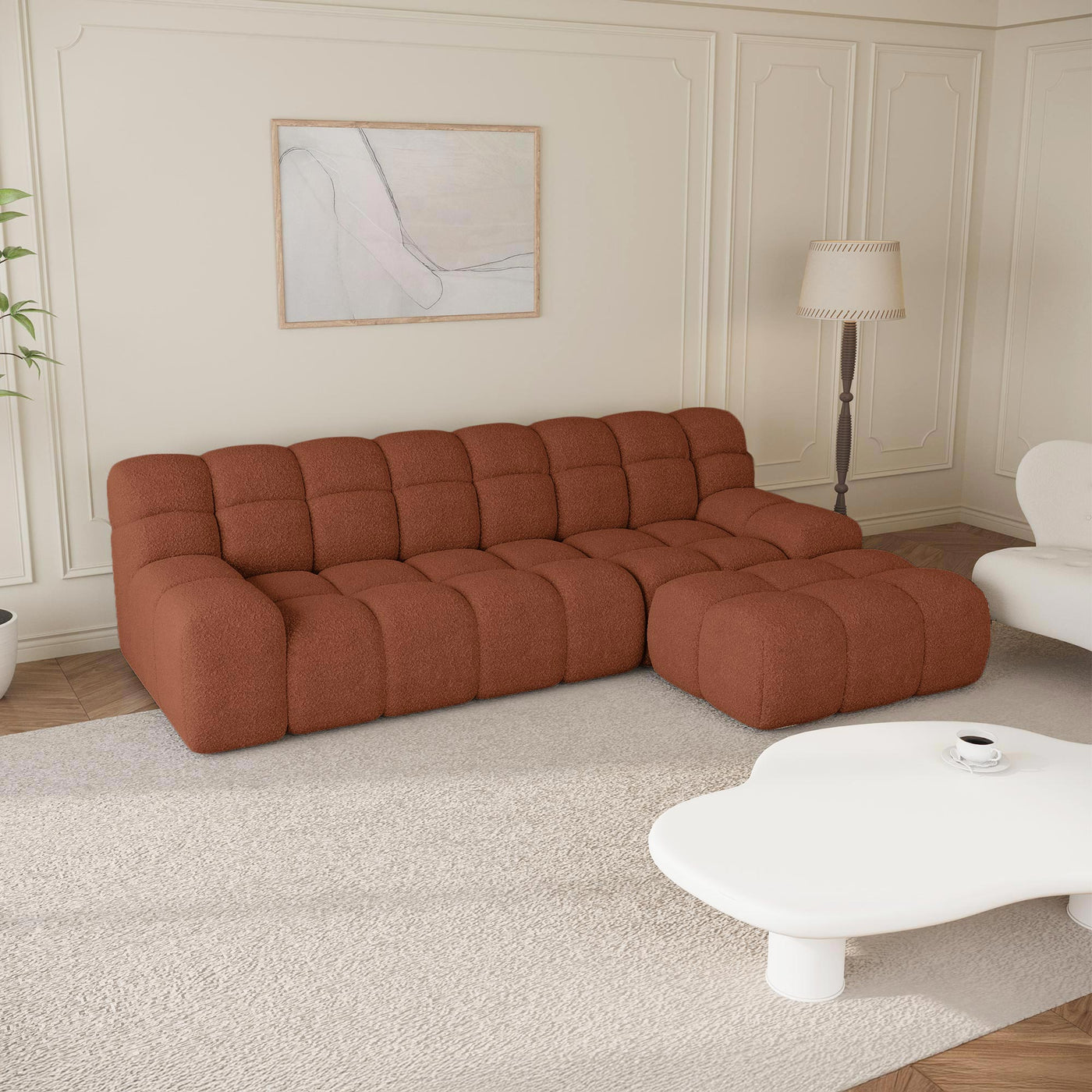 SERENA Canapé d'angle tissu bouclette orange - Angle droit - Canapés d'angle - Mobilier Deco