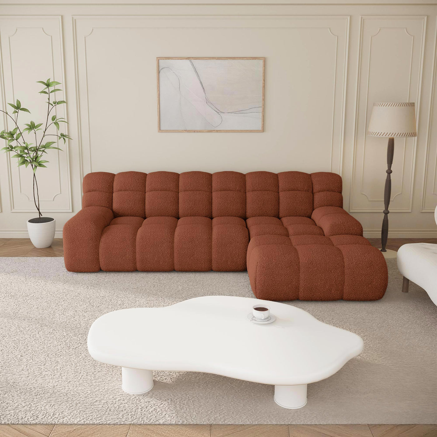 SERENA Canapé d'angle tissu bouclette orange - Angle droit - Canapés d'angle - Mobilier Deco