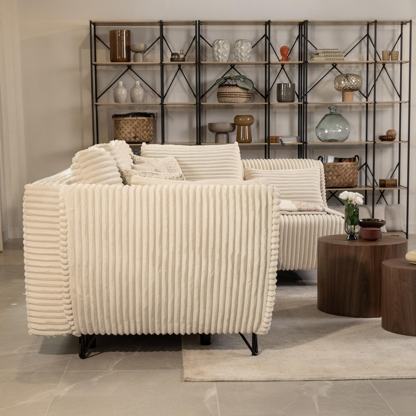SEYNA Canapé d’angle convertible avec coffre en velours côtelé beige - Angle droit