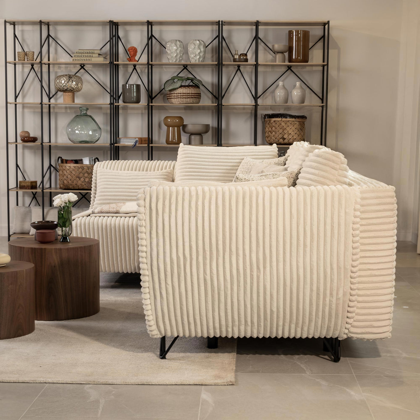 SEYNA Canapé d’angle convertible avec coffre en velours côtelé beige - Angle gauche