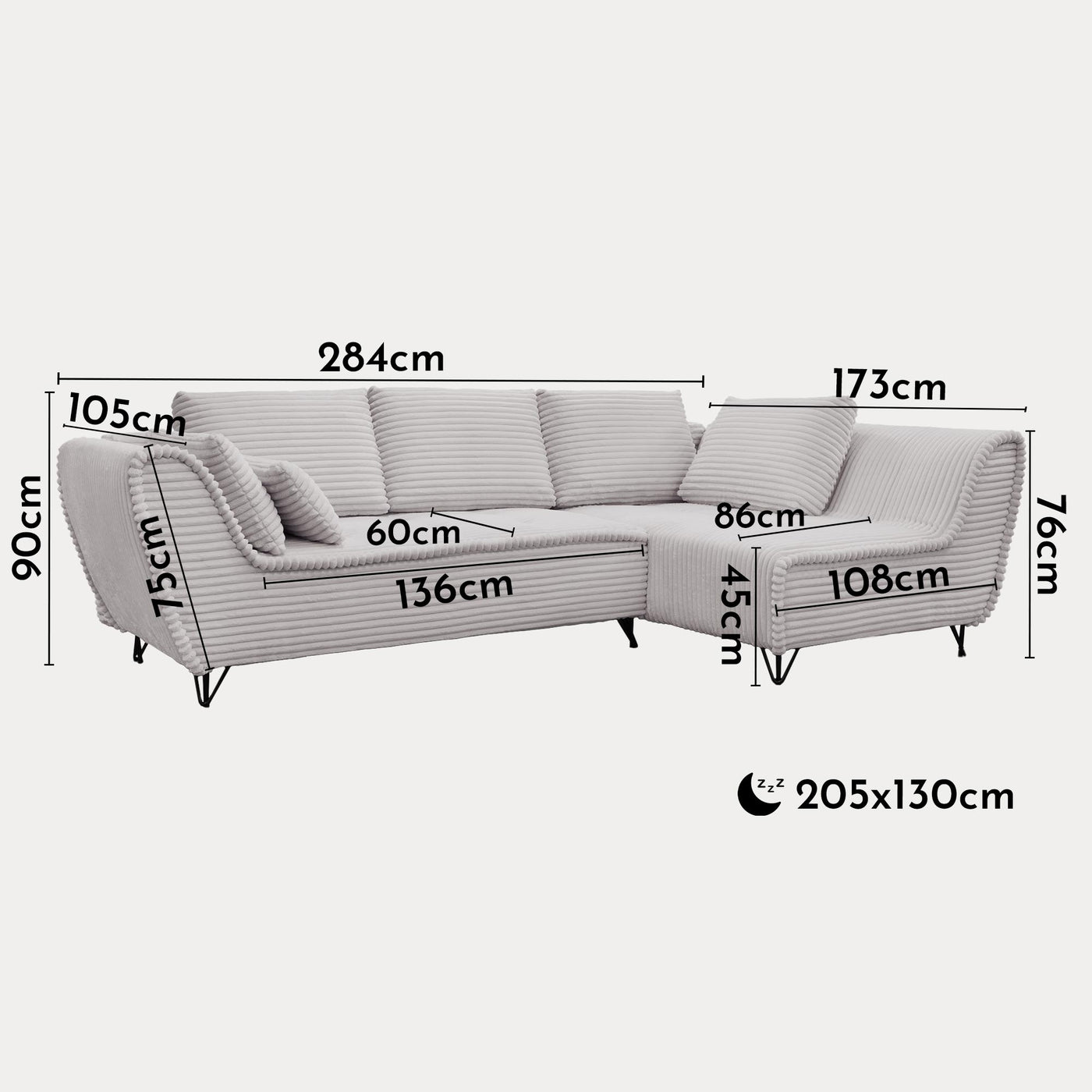 SEYNA Canapé d’angle convertible avec coffre en velours côtelé gris- Angle droit