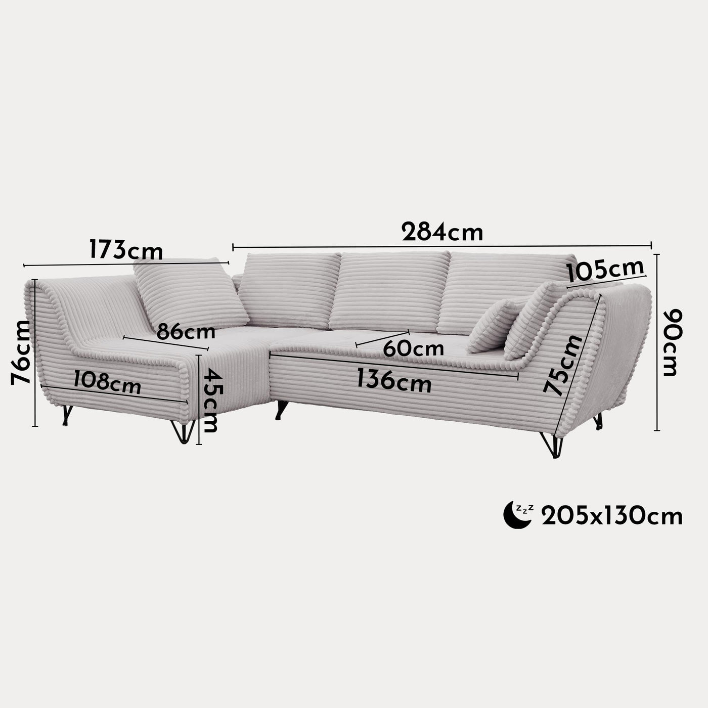 SEYNA Canapé d’angle convertible avec coffre en velours côtelé gris- Angle gauche