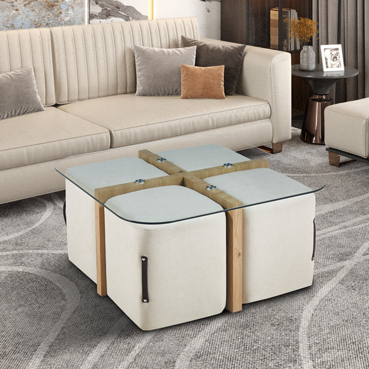 SHANA Table basse en verre socle couleur bois avec 4 poufs en tissu blanc écru